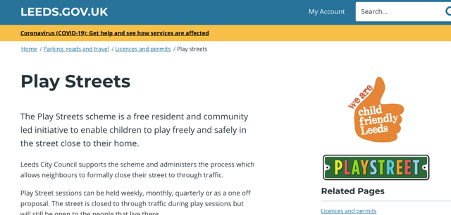 Example of play streets page from Leeds council